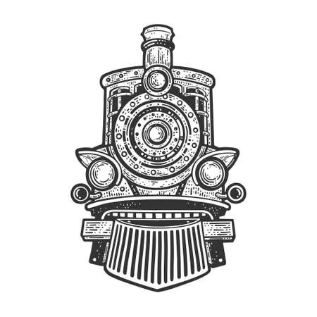 Steam locomotive sketch engraving vector illustration. T-shirt apparel print design. Scratch board imitation. Black and white hand drawn image.のイラスト素材