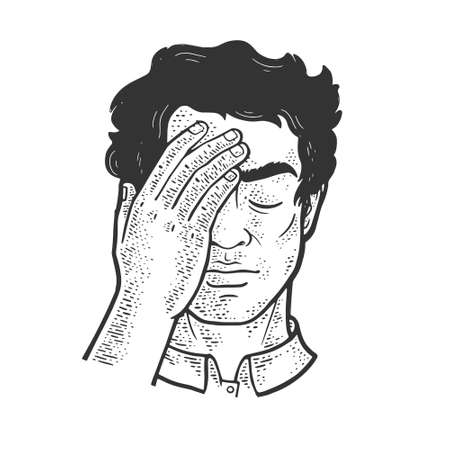 Facepalm gesture sketch engraving vector illustration. T-shirt apparel print design. Scratch board imitation. Black and white hand drawn image.のイラスト素材