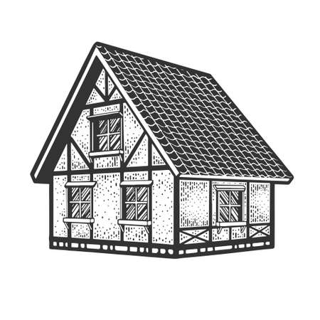 Timber framing half timbered old house sketch engraving vector illustration. T-shirt apparel print design. Scratch board imitation. Black and white hand drawn image.のイラスト素材