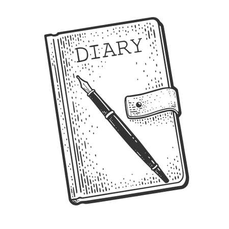 diary book with pen sketch engraving vector illustration. T-shirt apparel print design. Scratch board imitation. Black and white hand drawn image.のイラスト素材