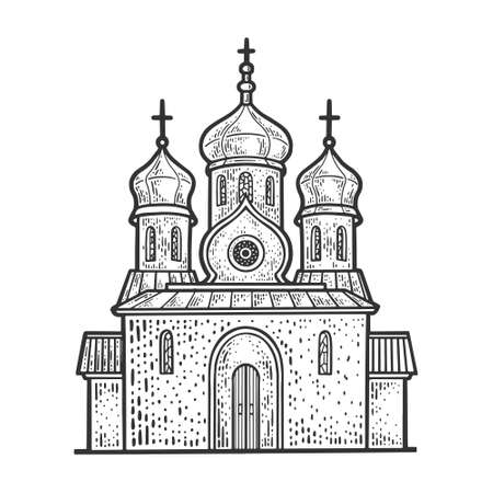 Russian Orthodox Christian Church building sketch engraving vector illustration. T-shirt apparel print design. Scratch board imitation. Black and white hand drawn image.のイラスト素材