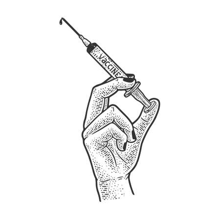 syringe with vaccine sketch engraving vector illustration. T-shirt apparel print design. Scratch board imitation. Black and white hand drawn image.のイラスト素材