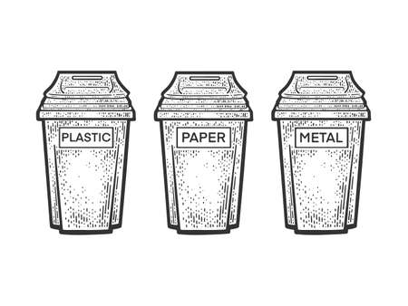 Waste sorting garbage bins trash cans sketch engraving vector illustration. T-shirt apparel print design. Scratch board imitation. Black and white hand drawn image.のイラスト素材