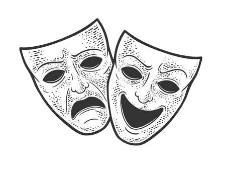 theater masks symbol sad and joyful sketch engraving vector illustration. T-shirt apparel print design. Scratch board imitation. Black and white hand drawn image.のイラスト素材