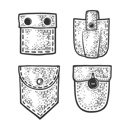 set of pockets sketch engraving vector illustration. T-shirt apparel print design. Scratch board imitation. Black and white hand drawn image.のイラスト素材