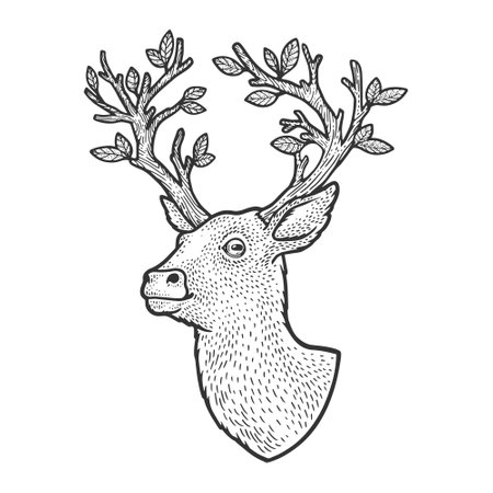 deer with tree horns antlers sketch engraving vector illustration. T-shirt apparel print design. Scratch board imitation. Black and white hand drawn image.のイラスト素材