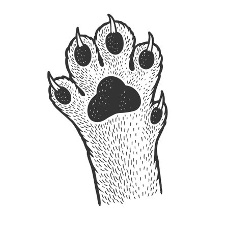 cat paw sketch engraving vector illustration. T-shirt apparel print design. Scratch board imitation. Black and white hand drawn image.のイラスト素材