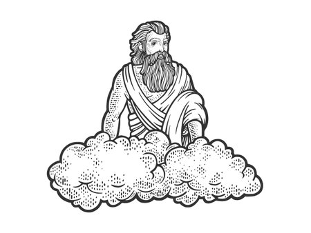 god on the cloud sketch engraving vector illustration. T-shirt apparel print design. Scratch board imitation. Black and white hand drawn image.のイラスト素材