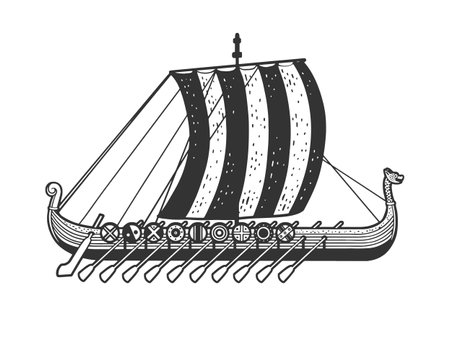 Viking ship sketch engraving vector illustration. T-shirt apparel print design. Scratch board imitation. Black and white hand drawn image.のイラスト素材