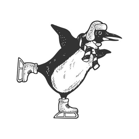 penguin on skates sketch engraving vector illustration. T-shirt apparel print design. Scratch board imitation. Black and white hand drawn image.のイラスト素材