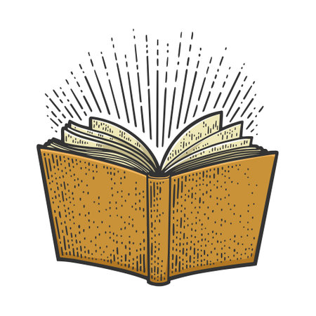 book and light rays color sketch engraving vector illustration. T-shirt apparel print design. Scratch board imitation. Black and white hand drawn image.のイラスト素材