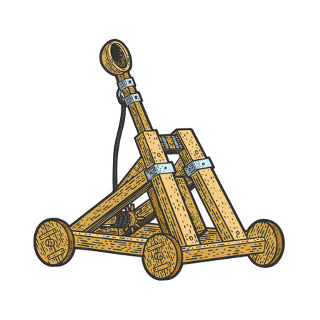 Catapult antique medieval ballistic device color sketch engraving vector illustration. T-shirt apparel print design. Scratch board imitation. Black and white hand drawn image.のイラスト素材
