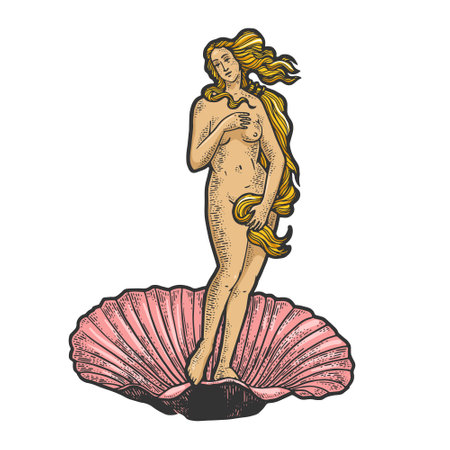 Birth of Venus ancient picture color sketch engraving vector illustration. T-shirt apparel print design. Scratch board imitation. Black and white hand drawn image.のイラスト素材