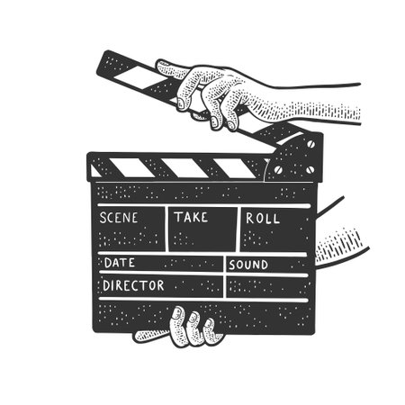 Movie clapperboard in hands sketch engraving vector illustration. T-shirt apparel print design. Scratch board style imitation. Hand drawn image.のイラスト素材