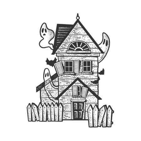 haunted witch house with ghost sketch engraving vector illustration. T-shirt apparel print design. Scratch board imitation. Black and white hand drawn image.のイラスト素材