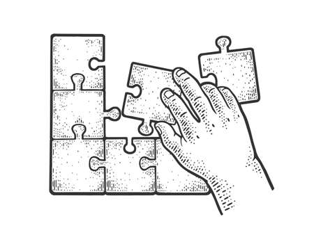 children hand and puzzle pieces sketch engraving vector illustration. T-shirt apparel print design. Scratch board imitation. Black and white hand drawn image.のイラスト素材
