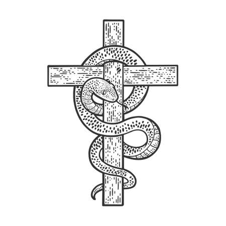 snake on the cross sketch engraving vector illustration. T-shirt apparel print design. Scratch board imitation. Black and white hand drawn image.のイラスト素材