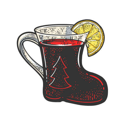 Glass of mulled wine in the form of boot color sketch engraving vector illustration. Wroclaw Christmas fair symbol. T-shirt apparel print design. Scratch board imitation. Hand drawn image.のイラスト素材
