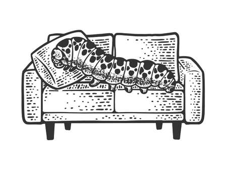 Big lazy caterpillar lies on couch sofa sketch engraving vector illustration. T-shirt apparel print design. Scratch board imitation. Black and white hand drawn image.のイラスト素材