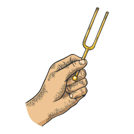 Tuning fork in hand color sketch engraving vector illustration. Scratch board style imitation. Black and white hand drawn image.のイラスト素材