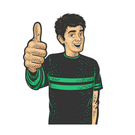 Man thumbs up color sketch engraving vector illustration. T-shirt apparel print design. Scratch board imitation. Black and white hand drawn image.のイラスト素材