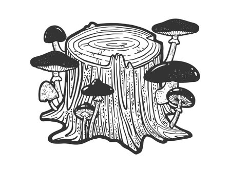 stump overgrown with mushrooms sketch engraving vector illustration. T-shirt apparel print design. Scratch board imitation. Black and white hand drawn image.のイラスト素材
