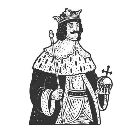 medieval king monarch with crown sketch engraving vector illustration. T-shirt apparel print design. Scratch board imitation. Black and white hand drawn image.のイラスト素材
