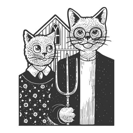 American Gothic cats sketch engraving vector illustration. T-shirt apparel print design. Scratch board imitation. Black and white hand drawn image.のイラスト素材