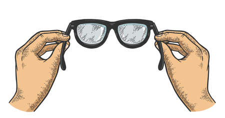Glasses in hands color sketch vintage engraving vector illustration. Scratch board style imitation. Black and white hand drawn image.のイラスト素材
