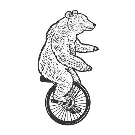 unicycle cartoon circus bear sketch engraving vector illustration. T-shirt apparel print design. Scratch board imitation. Black and white hand drawn image.のイラスト素材