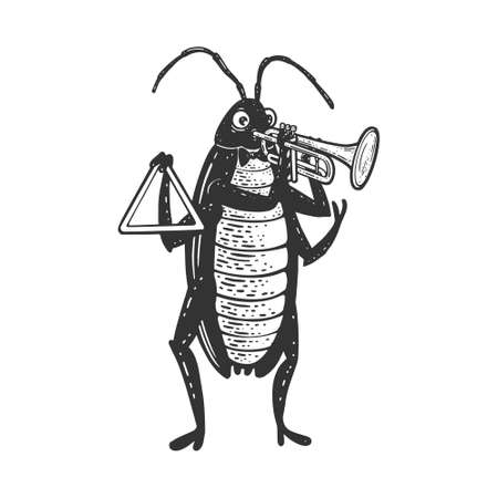 Cartoon cockroach orchestra playing the trumpet sketch engraving vector illustration. T-shirt apparel print design. Scratch board imitation. Black and white hand drawn image.のイラスト素材