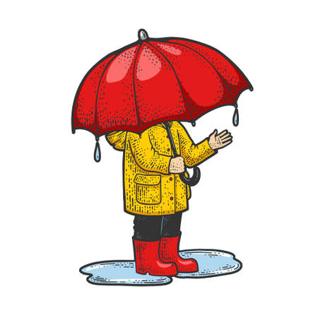 Child under huge umbrella is hiding from the rain color sketch engraving vector illustration. T-shirt apparel print design. Scratch board imitation. Black and white hand drawn image.のイラスト素材