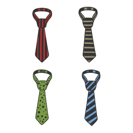 Tie set color sketch engraving vector illustration. T-shirt apparel print design. Scratch board style imitation. Black and white hand drawn image.のイラスト素材