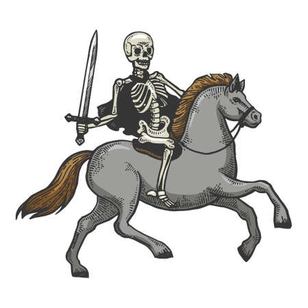 Skeleton warrior with sword ride horse sketch engraving vector illustration. T-shirt apparel print design. Scratch board imitation. Black and white hand drawn image.のイラスト素材