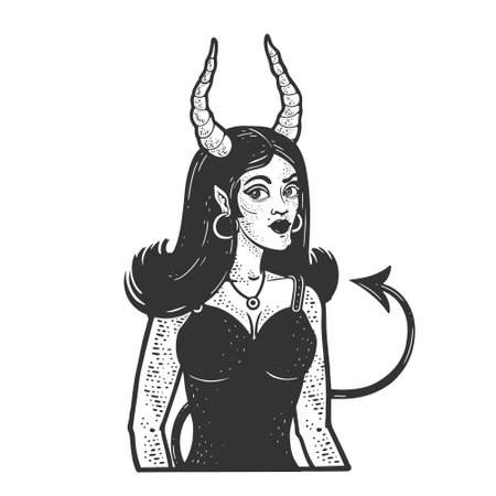 Devil girl sketch engraving vector illustration. T-shirt apparel print design. Scratch board imitation. Black and white hand drawn image.のイラスト素材
