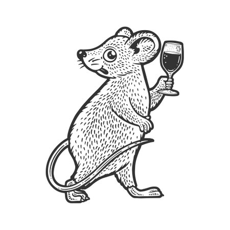 cartoon mouse with a glass of wine sketch engraving vector illustration. T-shirt apparel print design. Scratch board imitation. Black and white hand drawn image.のイラスト素材