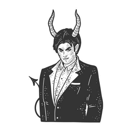 Devil businessman man sketch engraving vector illustration. T-shirt apparel print design. Scratch board imitation. Black and white hand drawn image.のイラスト素材
