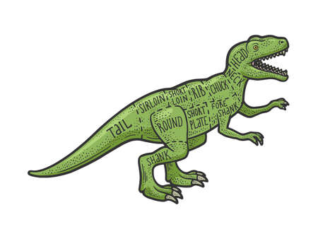 Dinosaur meat scheme Cut of beef color sketch engraving vector illustration. T-shirt apparel print design. Scratch board imitation. Black and white hand drawn image.のイラスト素材