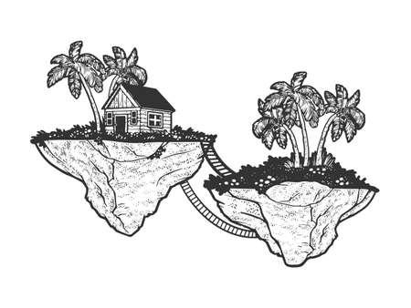 fabulous flying islands sketch engraving vector illustration. T-shirt apparel print design. Scratch board imitation. Black and white hand drawn image.のイラスト素材