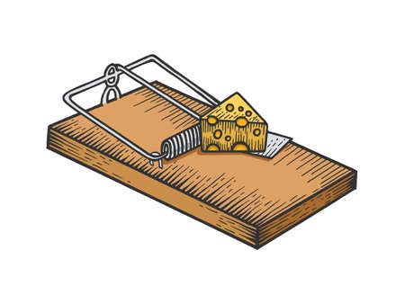 Mousetrap with cheese color sketch engraving vector illustration. Scratch board style imitation....
