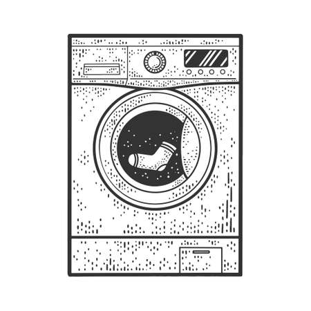 Washing machine wash sock sketch engraving vector illustration. T-shirt apparel print design. Scratch board imitation. Black and white hand drawn image.のイラスト素材