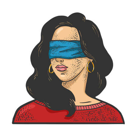 blindfolded girl color sketch engraving vector illustration. T-shirt apparel print design. Scratch board imitation. Black and white hand drawn image.のイラスト素材