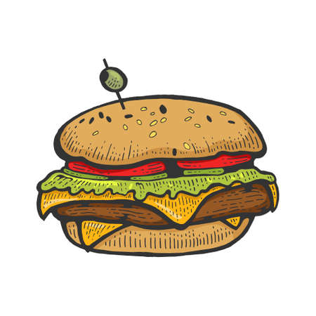 Hamburger burger sandwich color sketch engraving vector illustration. Scratch board style imitation. Black and white hand drawn image.のイラスト素材