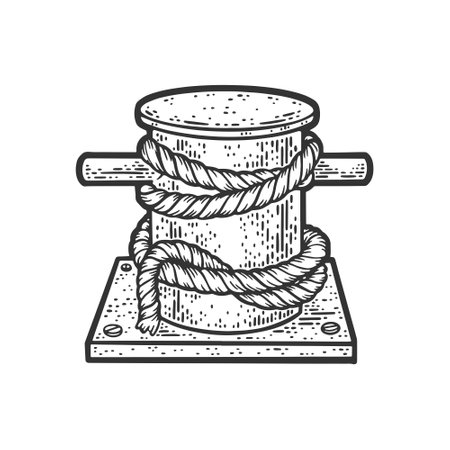 Mooring bollard bitt with rope sketch engraving vector illustration. T-shirt apparel print design. Scratch board imitation. Black and white hand drawn image.のイラスト素材