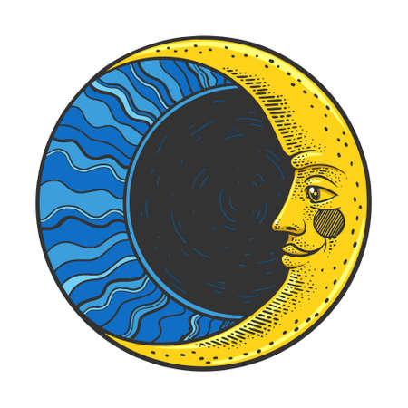 Moon with face color sketch engraving vector illustration. T-shirt apparel print design. Scratch board imitation. Black and white hand drawn image.のイラスト素材