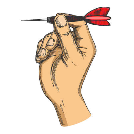 Hand with dart color line art sketch engraving vector illustration. T-shirt apparel print design. Scratch board imitation. Black and white hand drawn image.のイラスト素材