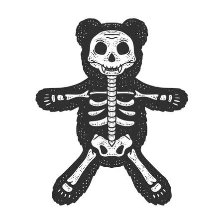 teddy bear skeleton line art sketch engraving vector illustration. T-shirt apparel print design. Scratch board imitation. Black and white hand drawn image.のイラスト素材