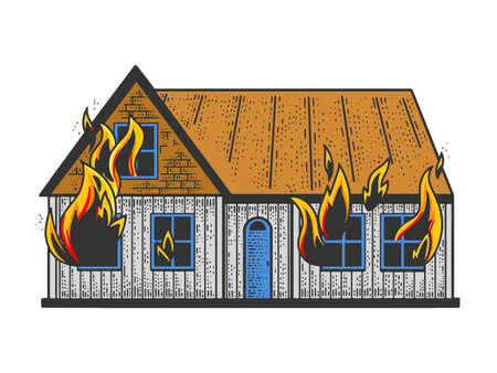 house on fire color line art sketch engraving vector illustration. T-shirt apparel print design. Scratch board imitation. Black and white hand drawn image.のイラスト素材