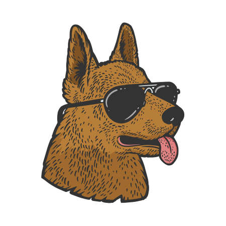 shepherd dog in sunglasses color line art sketch engraving vector illustration. T-shirt apparel print design. Scratch board imitation. Black and white hand drawn image.のイラスト素材