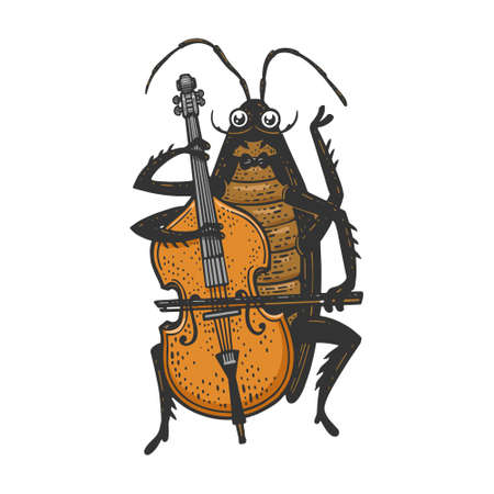 Cartoon cockroach orchestra playing double bass color line art sketch engraving vector illustration. T-shirt apparel print design. Scratch board imitation. Black and white hand drawn image.のイラスト素材